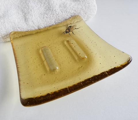 Fused Glass Square Soap Dish in Light Amber