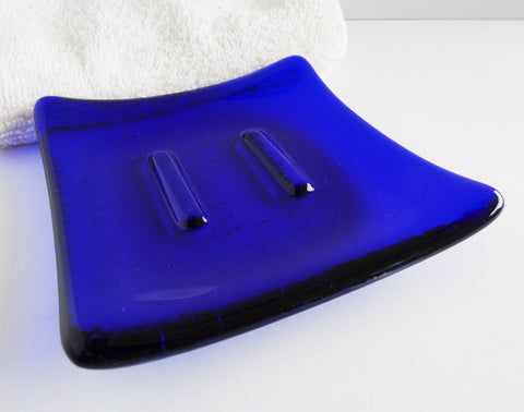 Fused Glass Square Soap Dish in Deep Royal Blue