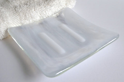 Fused Glass Square Soap Dish in Streaky White