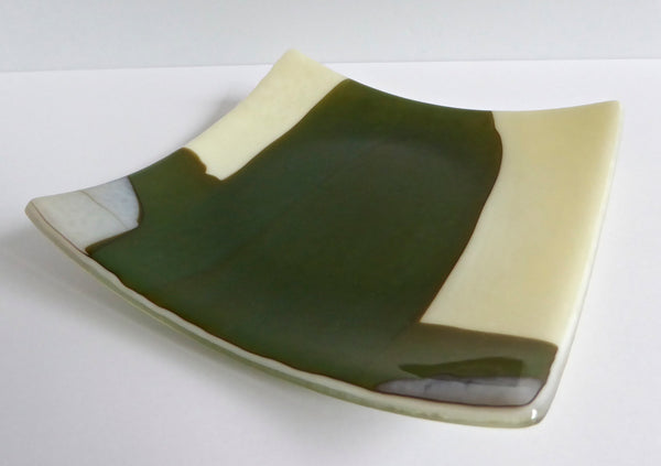 Fused Glass Plate in Streaky French Vanilla, Aqua and Brown