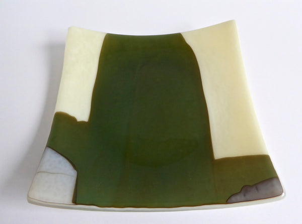Fused Glass Plate in Streaky French Vanilla, Aqua and Brown