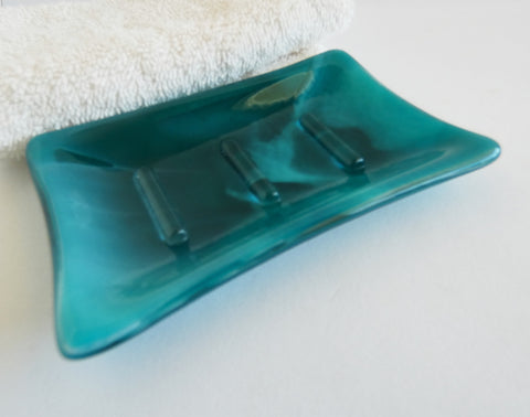 Fused Glass Soap Dish in Streaky Peacock Blue and White