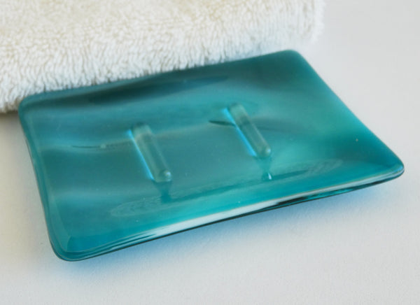 Streaky Peacock Blue Fused Glass Soap Dish