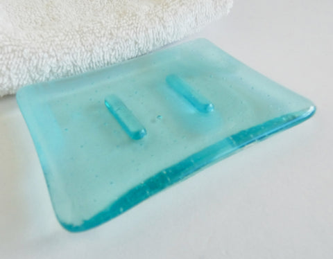 Streaky Aqua Fused Glass Soap Dish