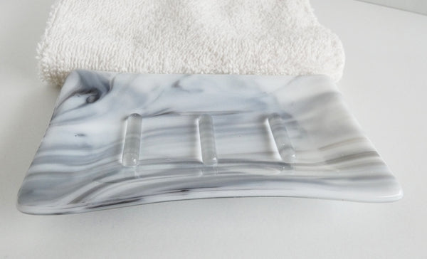 Fused Glass Soap Dish in Streaky Black and White