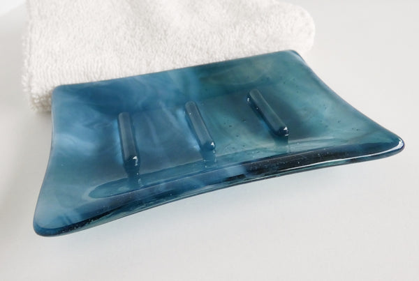 Fused Glass Soap Dish in Streaky Marine Blue and White