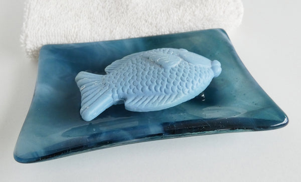 Fused Glass Soap Dish in Streaky Marine Blue and White