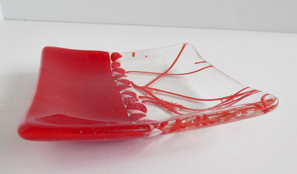 Fused Glass Murrini Plate in Red and Clear