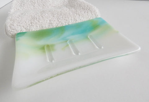 Large Fused Glass Soap Dish in Streaky Turquoise, Green and White