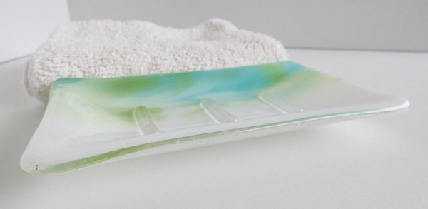Large Fused Glass Soap Dish in Streaky Turquoise, Green and White
