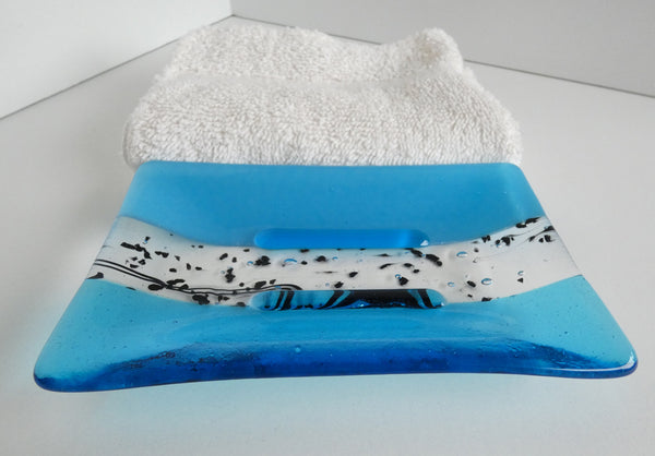 Large Fused Glass Soap Dish in Turquoise and Cyan Blue