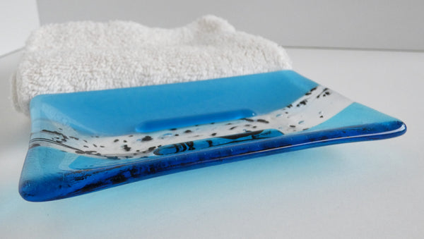 Large Fused Glass Soap Dish in Turquoise and Cyan Blue