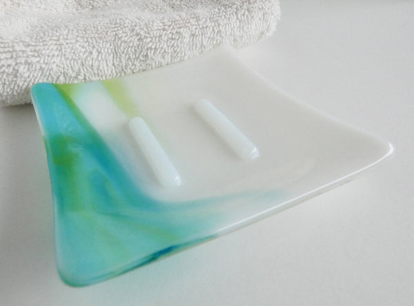 Fused Glass Square Soap Dish in Turquoise, Green and White