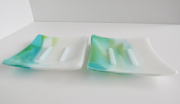 Fused Glass Square Soap Dish in Turquoise, Green and White