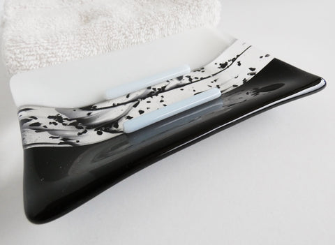 Large Fused Glass Soap Dish in Black and White
