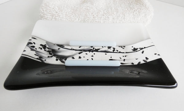 Large Fused Glass Soap Dish in Black and White