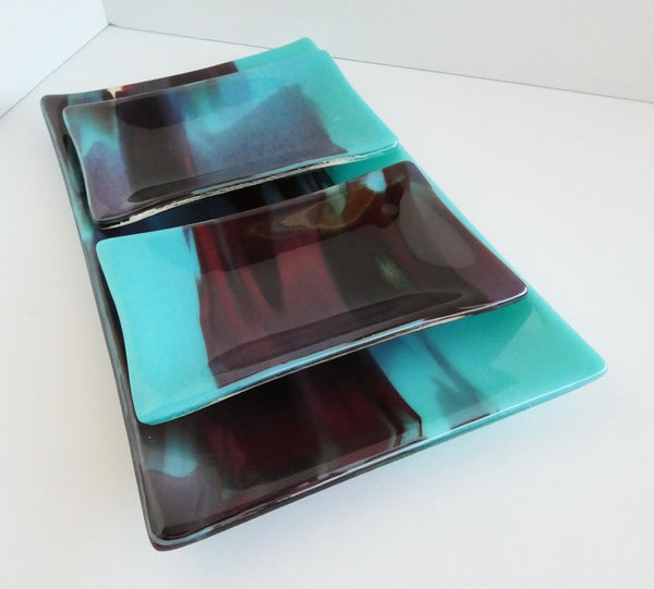 Fused Glass Sushi Set in Streaky Blue and Red