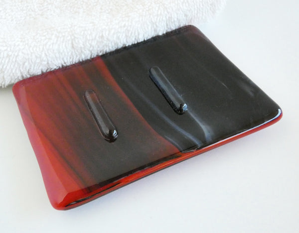 Streaky Red and Black Fused Glass Soap Dish
