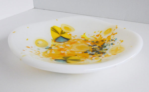 Fused Glass Dish in White, Yellow and Blue