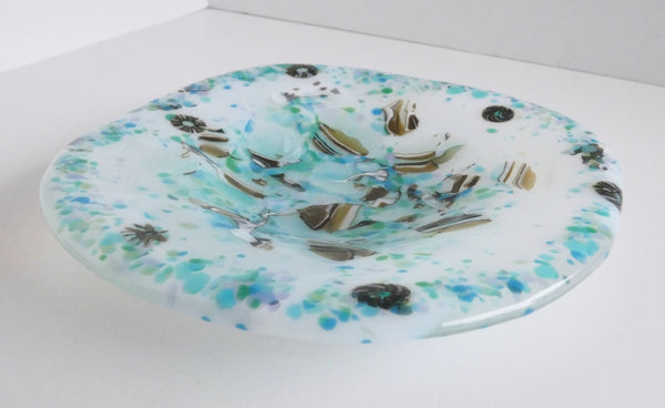 Fused Glass Dish in White Brown and Blue