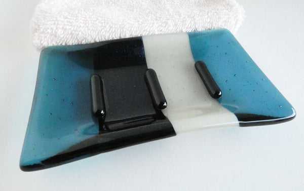 Steel Blue, Aventurine Blue and Driftwood Gray Fused Glass Soap Dish