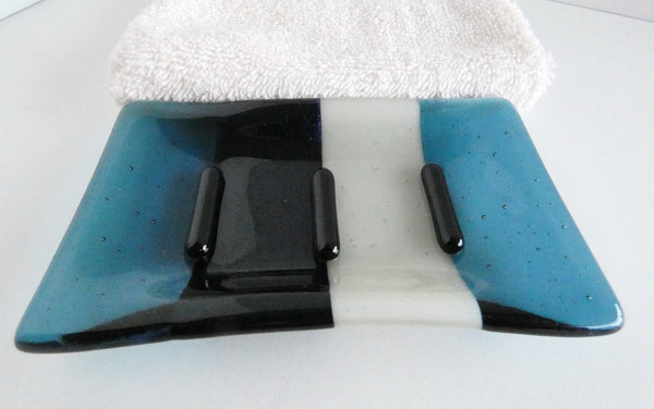 Steel Blue, Aventurine Blue and Driftwood Gray Fused Glass Soap Dish