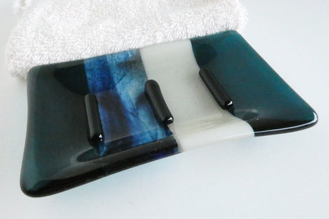 Dark Aquamarine, Aventurine Blue and Driftwood Gray Fused Glass Soap Dish