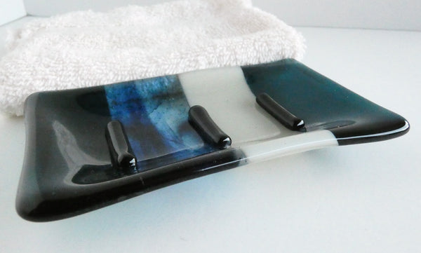 Dark Aquamarine, Aventurine Blue and Driftwood Gray Fused Glass Soap Dish