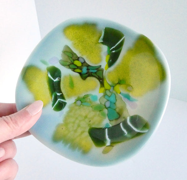 Fused Glass Dish in Shades of Opaline, and Green
