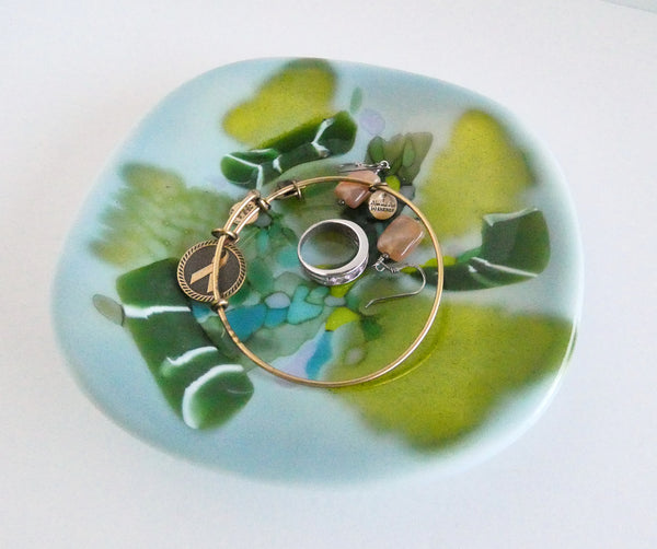 Fused Glass Dish in Shades of Opaline, and Green