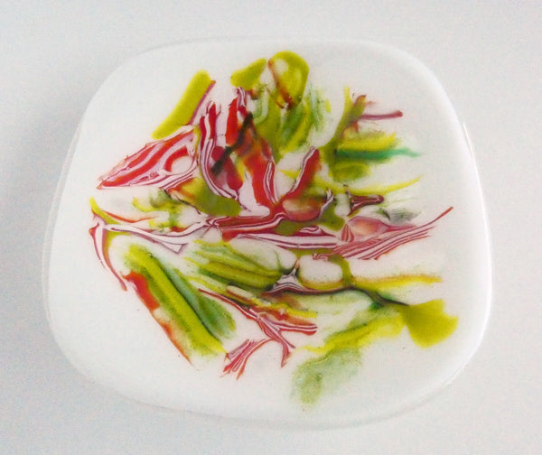 Fused Glass Dish in White, Red and Greens