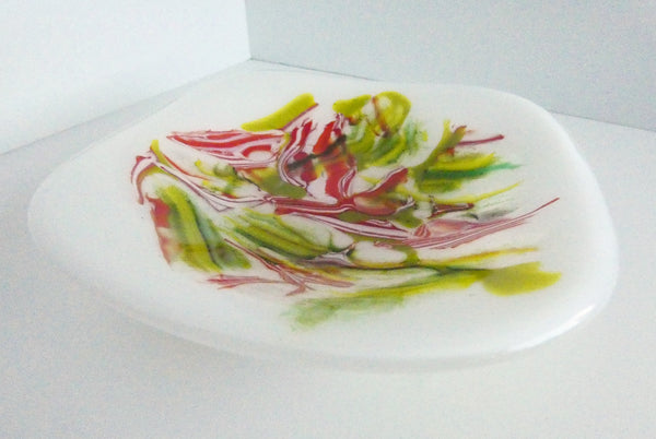 Fused Glass Dish in White, Red and Greens