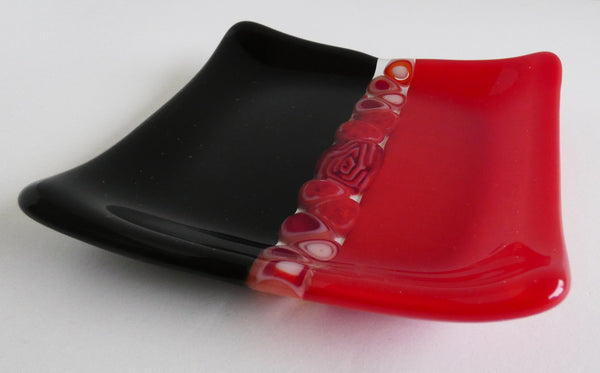 Fused Glass Murrini Plate in Red and Black