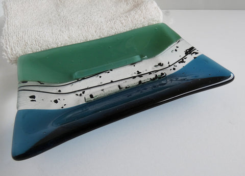 Large Fused Glass Soap Dish in Mineral Green and Sea Blue
