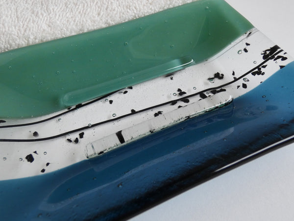 Large Fused Glass Soap Dish in Mineral Green and Sea Blue