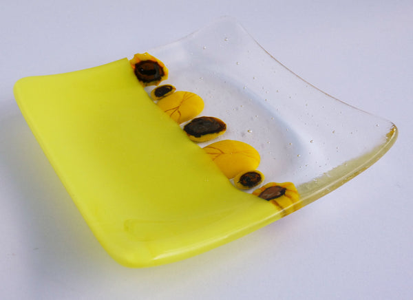 Fused Glass Murrini Plate in Yellow and Dark Blue