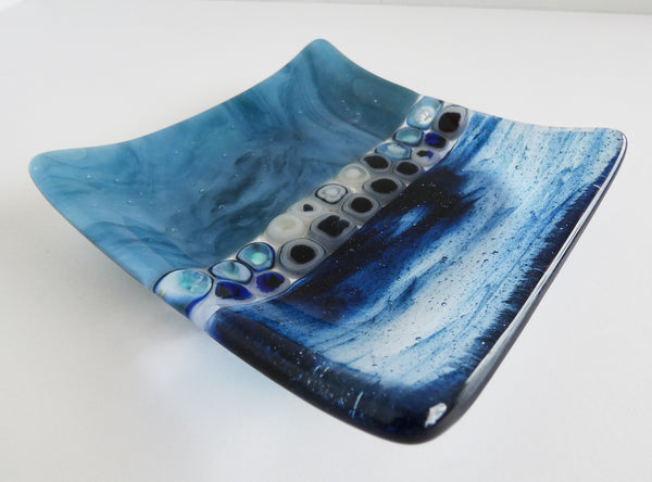 Fused Glass Murrini Plate in Marine Blue and Streaky Aventurine Blue