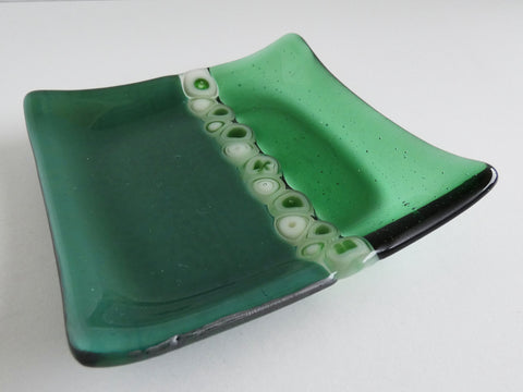 Fused Glass Murrini Plate in Steel Jade and Light Green