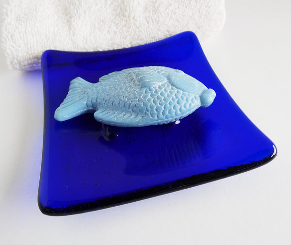 Fused Glass Square Soap Dish in Deep Royal Blue