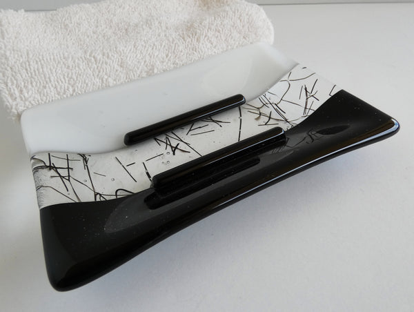 Large Fused Glass Soap Dish in Black and White