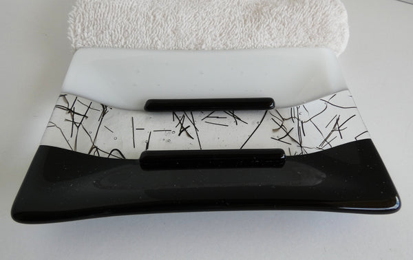 Large Fused Glass Soap Dish in Black and White