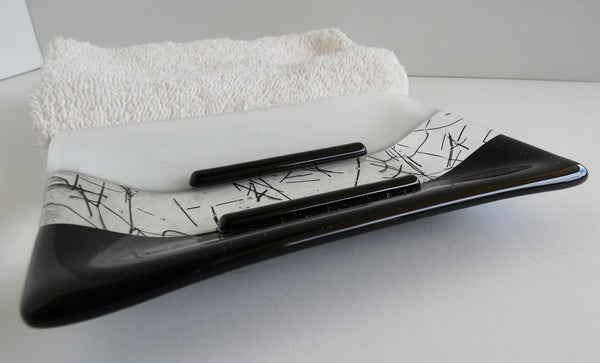 Large Fused Glass Soap Dish in Black and White