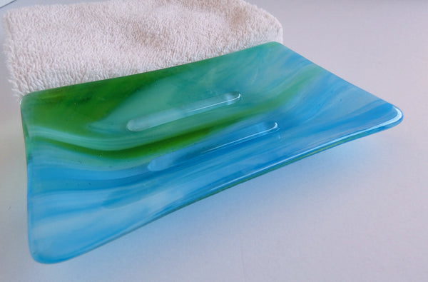 Large Fused Glass Soap Dish in Streaky Turquoise, Green and White