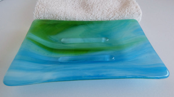 Large Fused Glass Soap Dish in Streaky Turquoise, Green and White