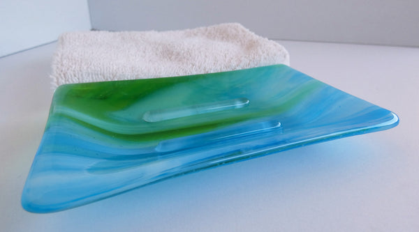 Large Fused Glass Soap Dish in Streaky Turquoise, Green and White