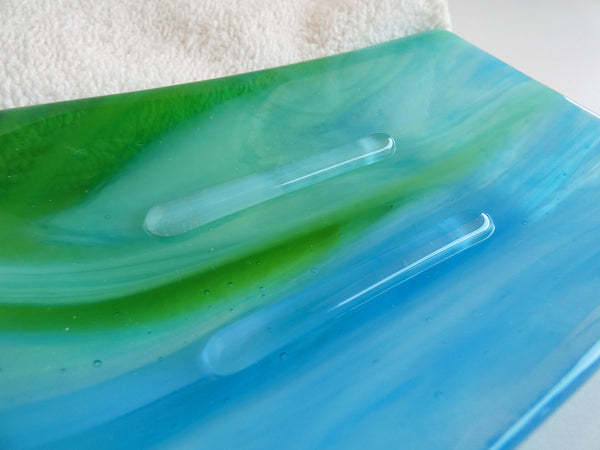 Large Fused Glass Soap Dish in Streaky Turquoise, Green and White