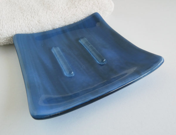 Fused Glass Square Soap Dish in Blue and Gray