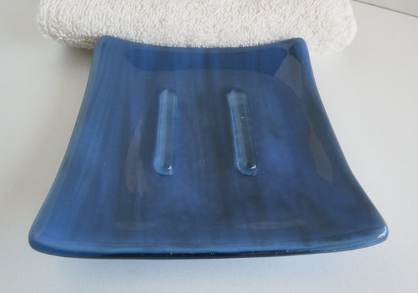 Fused Glass Square Soap Dish in Blue and Gray