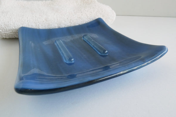 Fused Glass Square Soap Dish in Blue and Gray