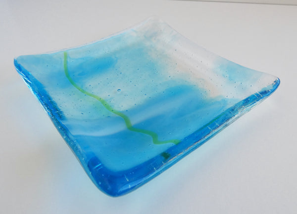 Turquoise and White Streaky Fused Glass Square Plate